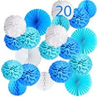 20 Pompones Azul Decoracion Bautizo Niño- Flores Pompom de Papel de Seda- Abanicos- Bolas de Nido de Abeja Guirnaldas…